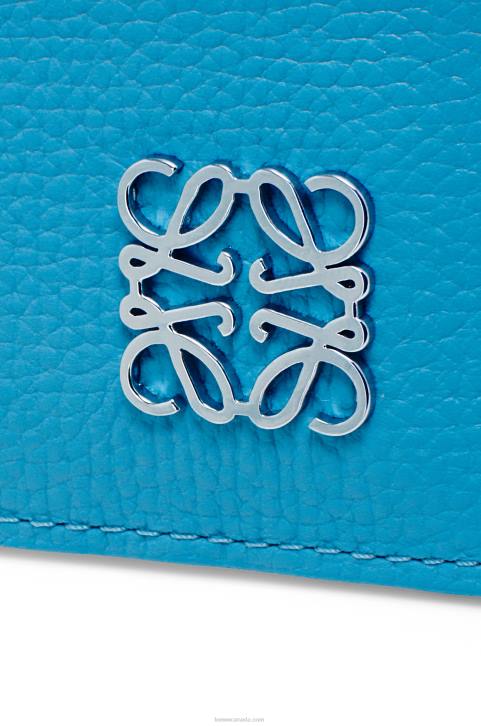 Loewe Anagram square cardholder in pebble grain calfskin with chain 688V1396 Women Lagoon Blue