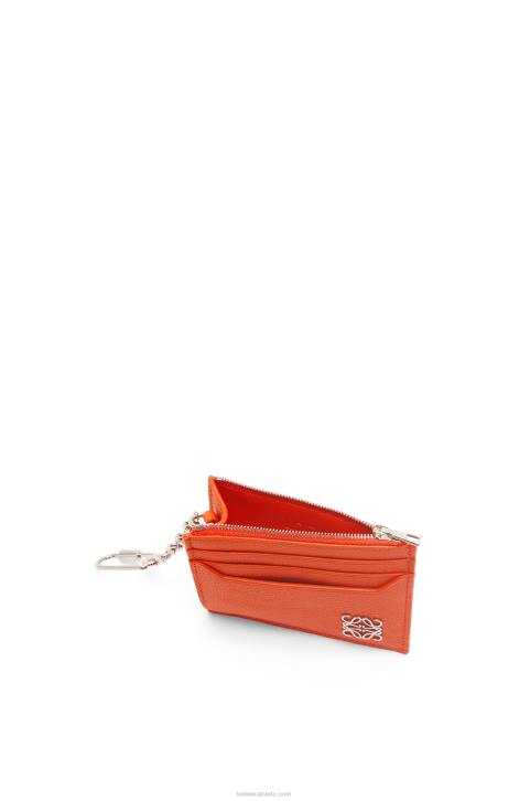 Loewe Anagram square cardholder in pebble grain calfskin with chain 688V1397 Women Orange