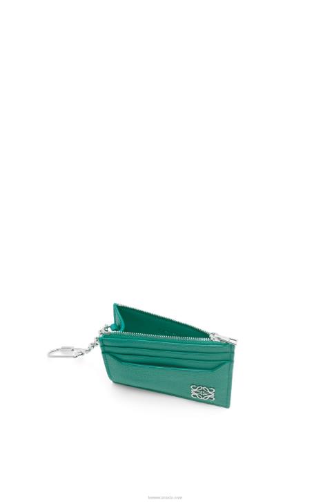 Loewe Anagram square cardholder in pebble grain calfskin with chain 688V1412 Women Emerald Green