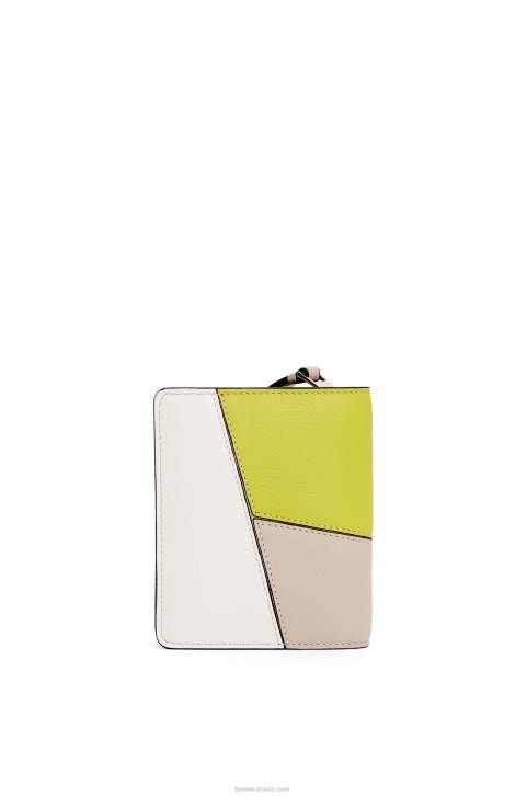Loewe Puzzle compact zip wallet in classic calfskin 688V1262 Women Lime Yellow/Light Oat
