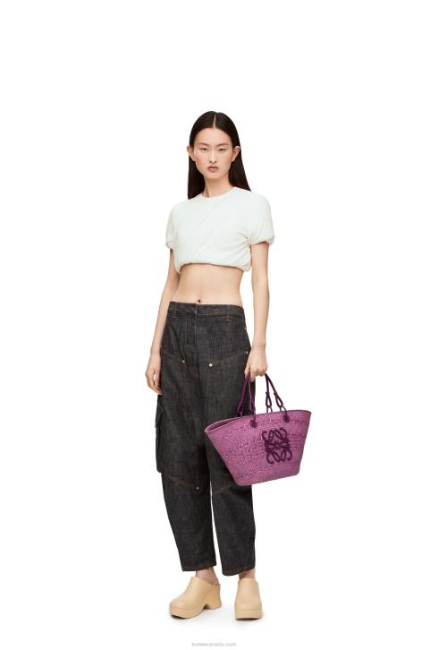 Loewe Anagram Basket bag in iraca palm and calfskin 688V83 Women Purple