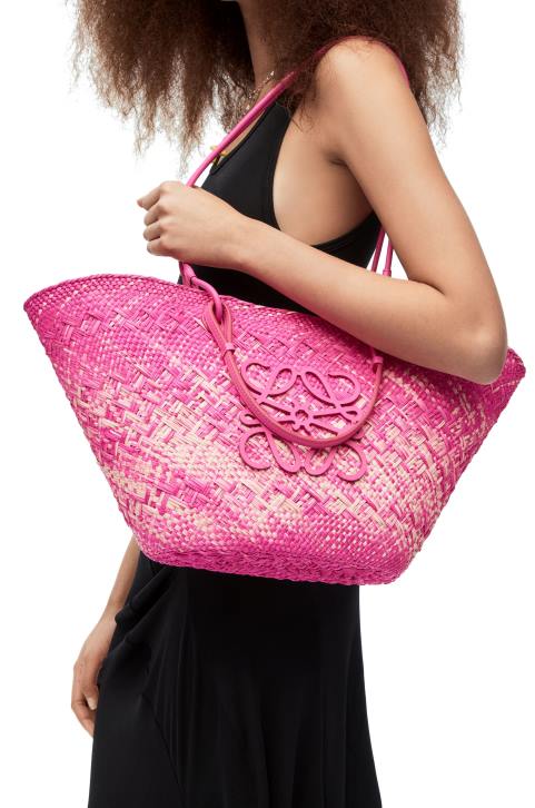 Loewe Anagram basket bag in iraca palm and calfskin 688V70 Women Fuchsia