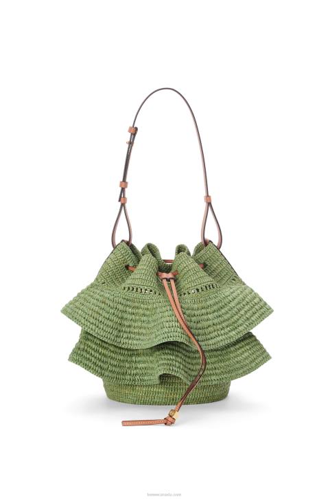 Loewe Balloon Ruffles bag in raffia and calfskin 688V66 Women Green/Tan