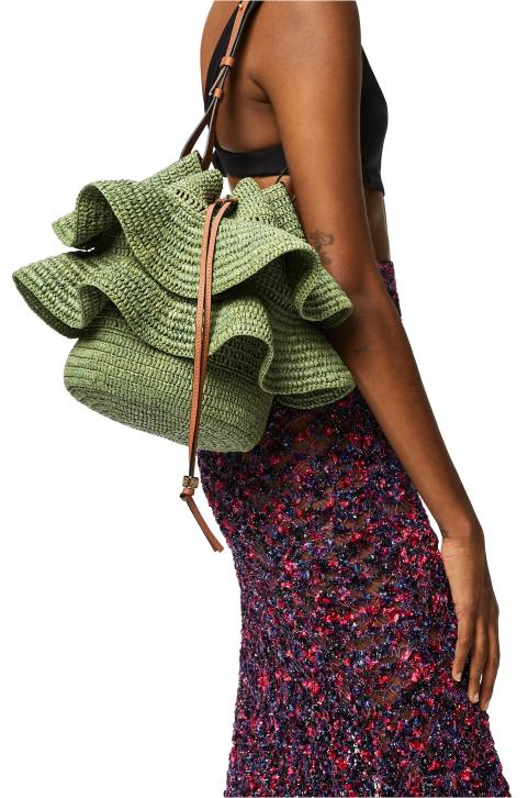 Loewe Balloon Ruffles bag in raffia and calfskin 688V66 Women Green/Tan
