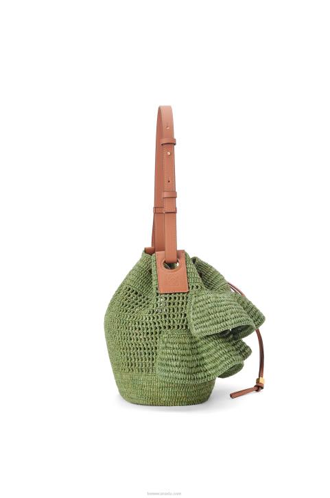 Loewe Balloon Ruffles bag in raffia and calfskin 688V66 Women Green/Tan