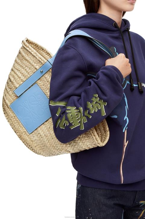 Loewe Basket bag in palm leaf and calfskin 688V58 Women Light Blue