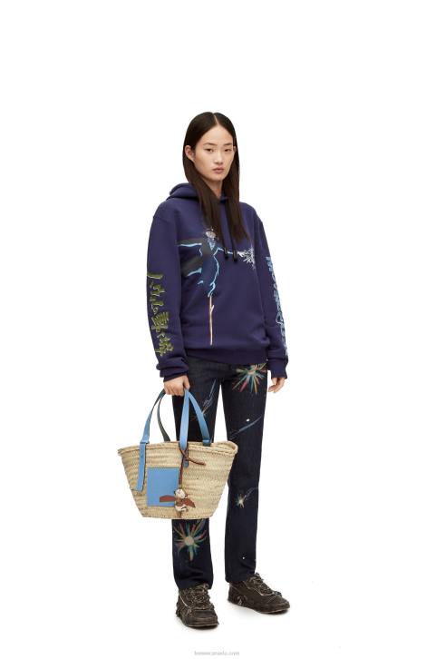 Loewe Basket bag in palm leaf and calfskin 688V58 Women Light Blue