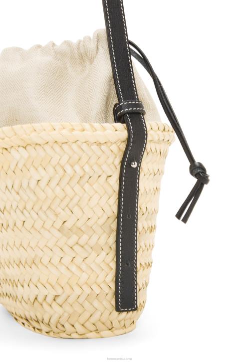 Loewe Drawstring bucket bag in palm leaf and calfskin 688V24 Women Natural/Black