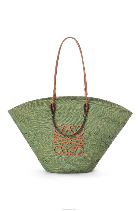 Loewe Large Anagram Basket bag in iraca palm and calfskin 688V65 Women Green/Tan