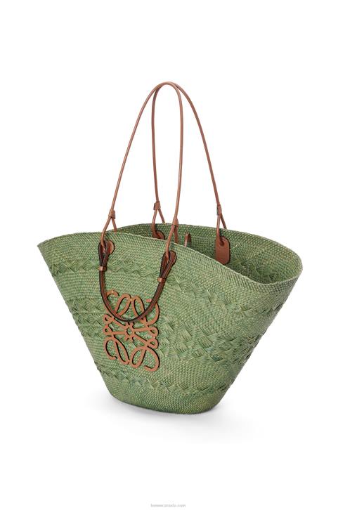 Loewe Large Anagram Basket bag in iraca palm and calfskin 688V65 Women Green/Tan