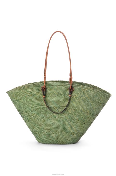 Loewe Large Anagram Basket bag in iraca palm and calfskin 688V65 Women Green/Tan