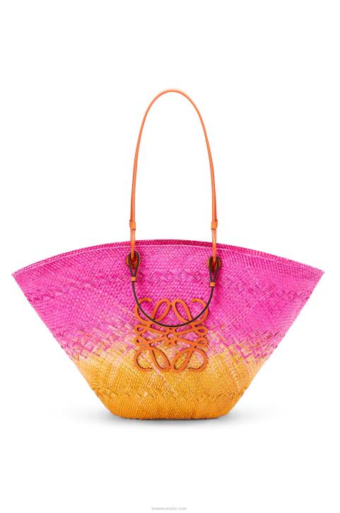 Loewe Large Anagram Basket bag in iraca palm and calfskin 688V84 Women Fuchsia/Orange