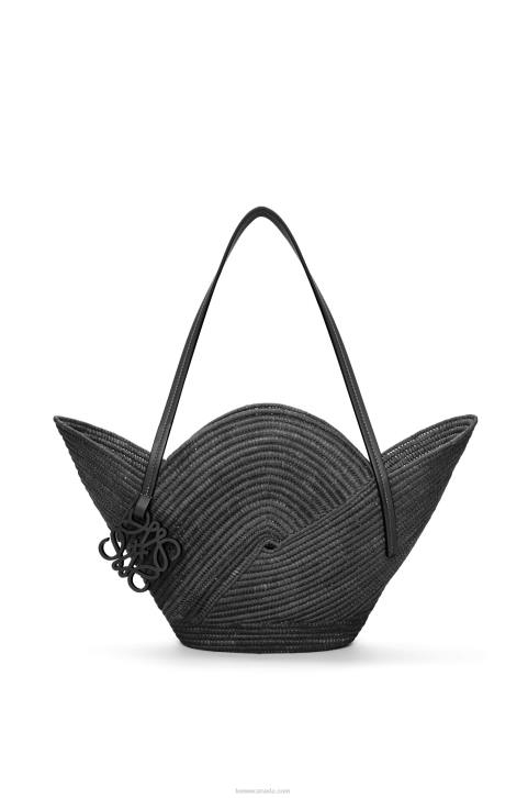 Loewe Petal basket bag in raffia and calfskin 688V41 Women Black