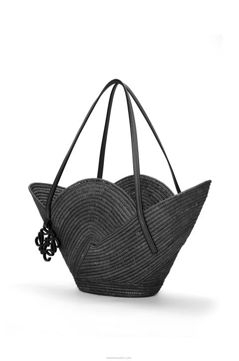 Loewe Petal basket bag in raffia and calfskin 688V41 Women Black