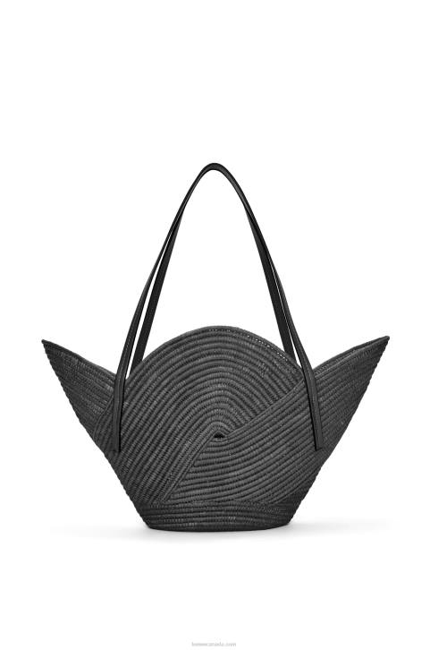 Loewe Petal basket bag in raffia and calfskin 688V41 Women Black