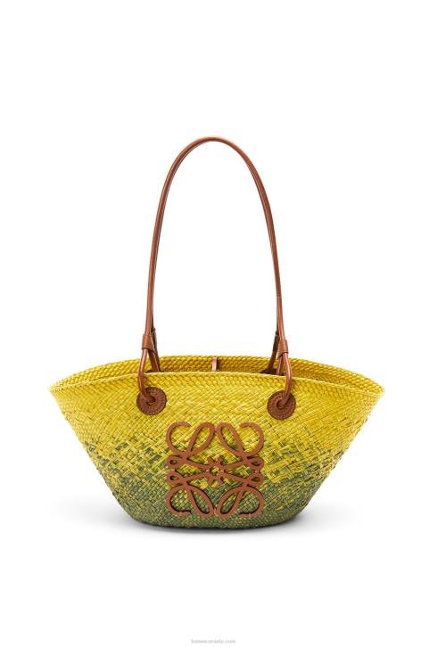Loewe Small Anagram Basket bag in iraca palm and calfskin 688V64 Women Khaki Green/Yellow