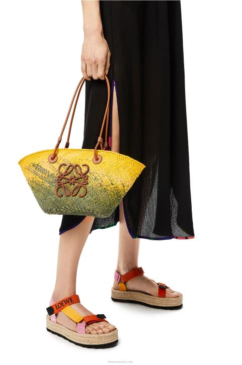 Loewe Small Anagram Basket bag in iraca palm and calfskin 688V64 Women Khaki Green/Yellow