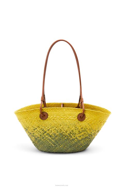 Loewe Small Anagram Basket bag in iraca palm and calfskin 688V64 Women Khaki Green/Yellow