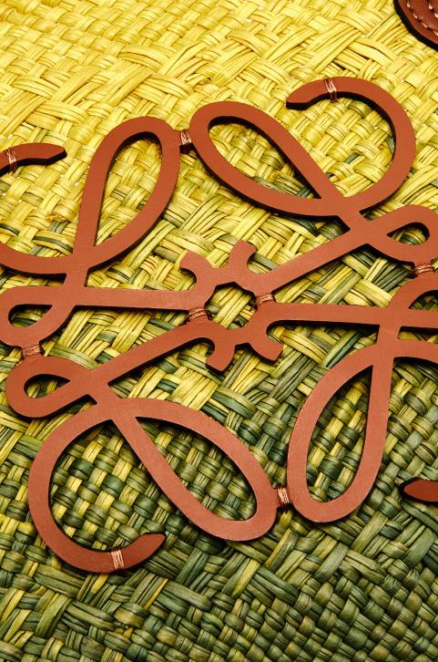 Loewe Small Anagram Basket bag in iraca palm and calfskin 688V64 Women Khaki Green/Yellow