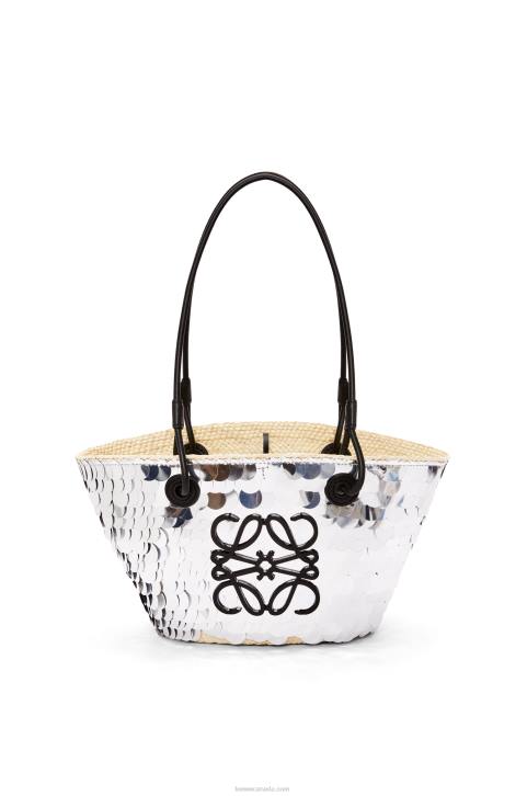 Loewe Small Anagram basket in sequinned iraca palm and calfskin 688V109 Women Silver