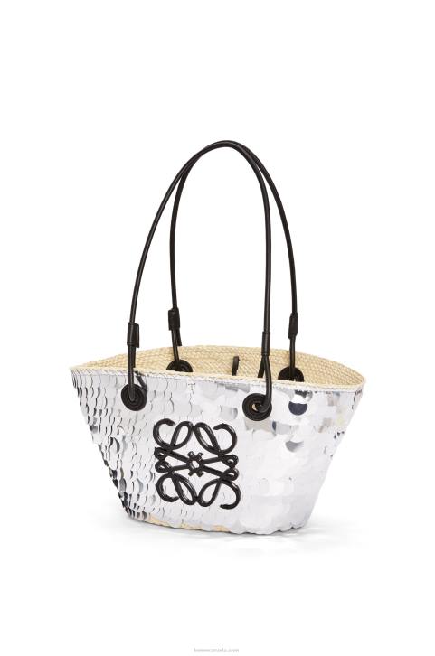 Loewe Small Anagram basket in sequinned iraca palm and calfskin 688V109 Women Silver