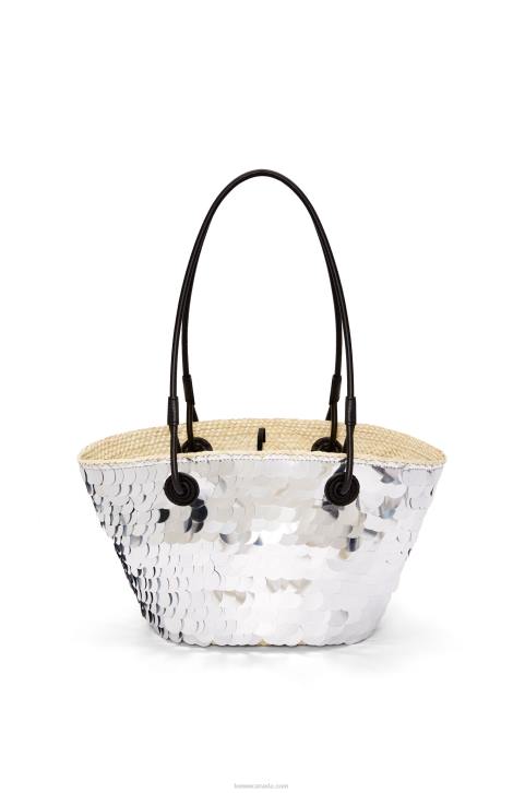 Loewe Small Anagram basket in sequinned iraca palm and calfskin 688V109 Women Silver