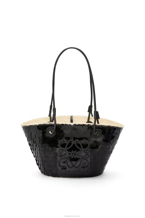 Loewe Small Anagram basket in sequinned iraca palm and calfskin 688V71 Women Black