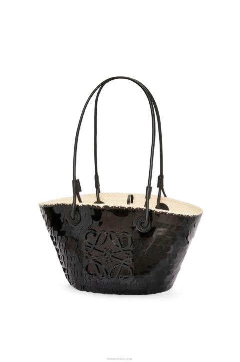 Loewe Small Anagram basket in sequinned iraca palm and calfskin 688V71 Women Black