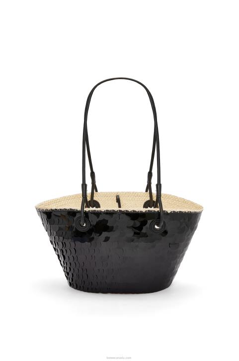 Loewe Small Anagram basket in sequinned iraca palm and calfskin 688V71 Women Black
