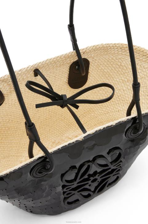 Loewe Small Anagram basket in sequinned iraca palm and calfskin 688V71 Women Black