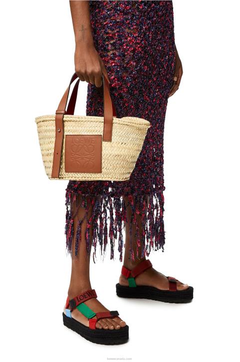 Loewe Small Basket bag in palm leaf and calfskin 688V20 Women Natural/Tan