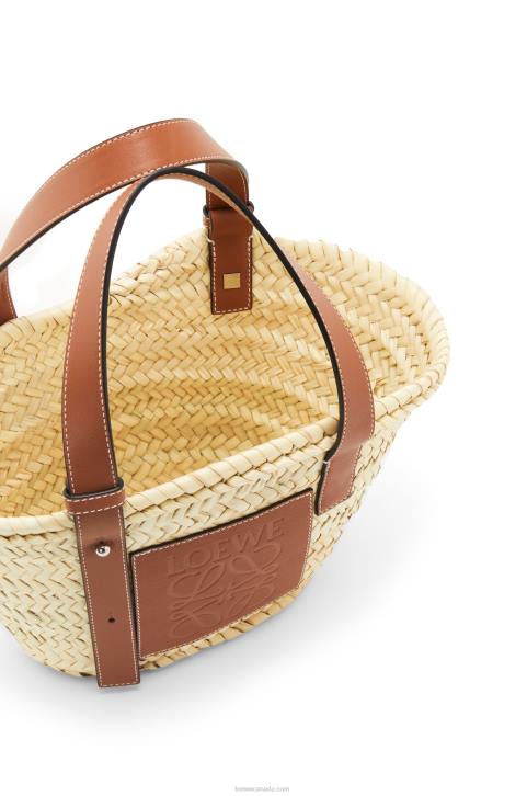 Loewe Small Basket bag in palm leaf and calfskin 688V20 Women Natural/Tan