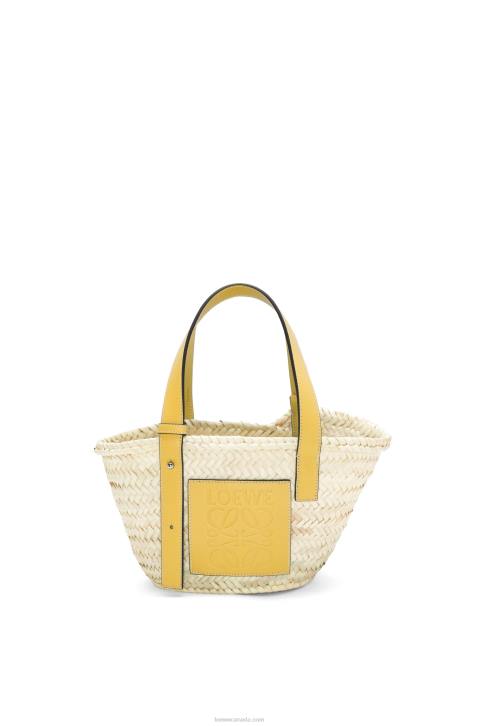 Loewe Small Basket bag in palm leaf and calfskin 688V50 Women Dark Yellow