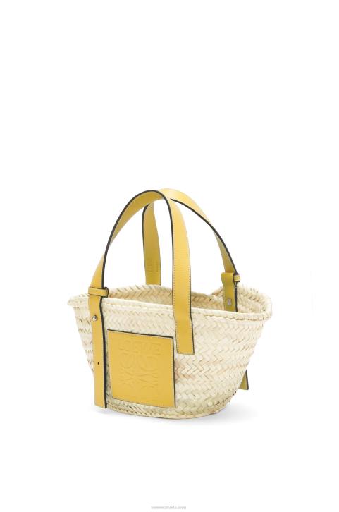 Loewe Small Basket bag in palm leaf and calfskin 688V50 Women Dark Yellow