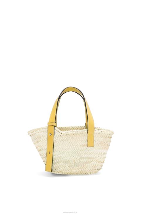 Loewe Small Basket bag in palm leaf and calfskin 688V50 Women Dark Yellow
