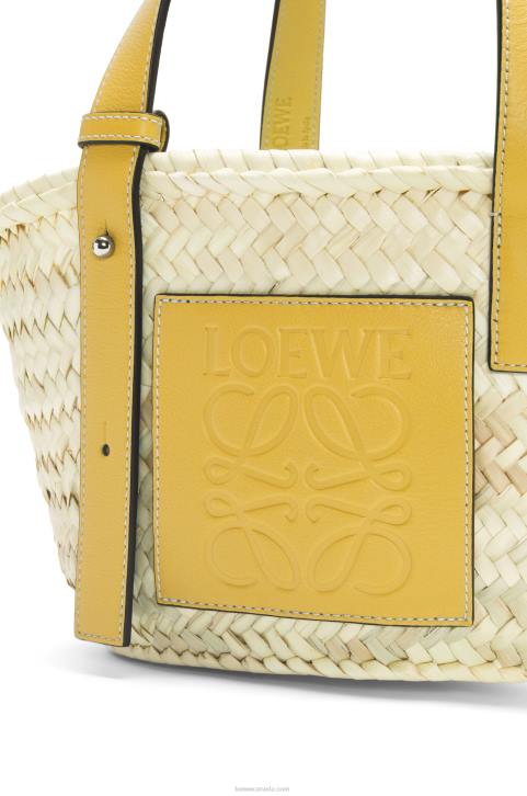 Loewe Small Basket bag in palm leaf and calfskin 688V50 Women Dark Yellow