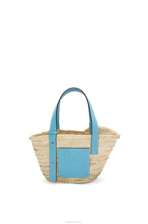 Loewe Small Basket bag in palm leaf and calfskin 688V57 Women Light Blue