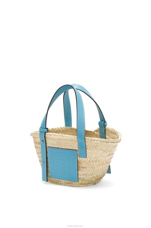 Loewe Small Basket bag in palm leaf and calfskin 688V57 Women Light Blue