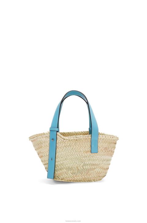 Loewe Small Basket bag in palm leaf and calfskin 688V57 Women Light Blue