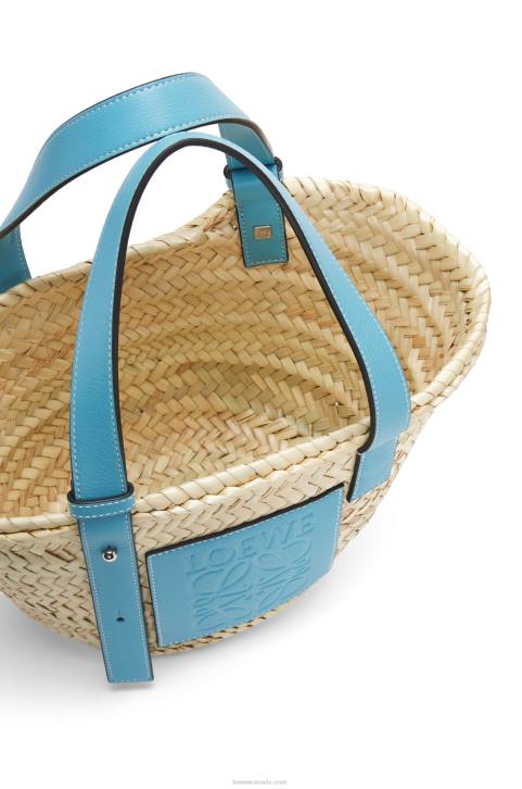 Loewe Small Basket bag in palm leaf and calfskin 688V57 Women Light Blue