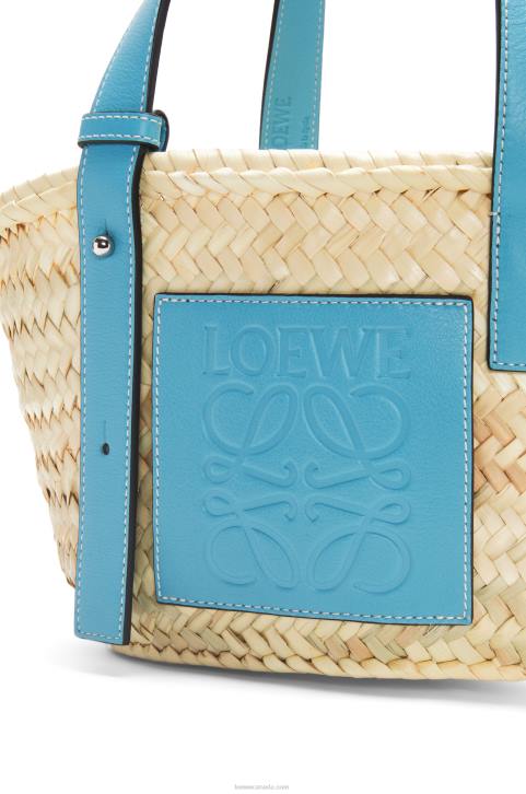 Loewe Small Basket bag in palm leaf and calfskin 688V57 Women Light Blue