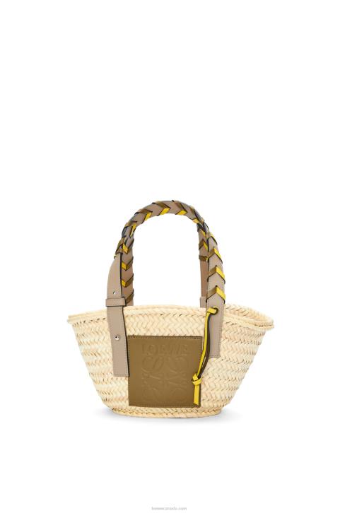 Loewe Small Basket bag in palm leaf with a braided handle in calfskin 688V5 Women Olive/Sand