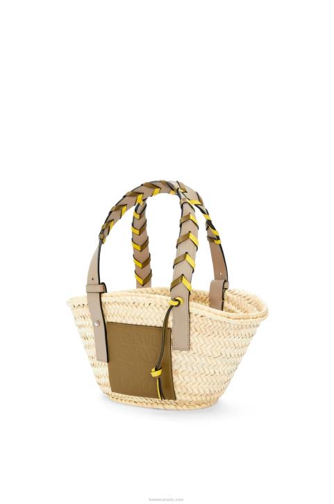Loewe Small Basket bag in palm leaf with a braided handle in calfskin 688V5 Women Olive/Sand