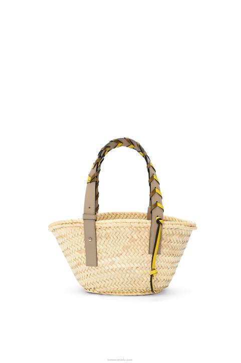 Loewe Small Basket bag in palm leaf with a braided handle in calfskin 688V5 Women Olive/Sand