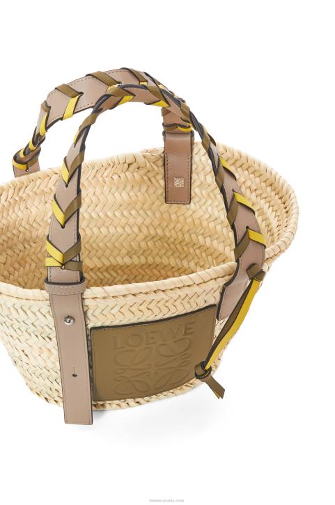 Loewe Small Basket bag in palm leaf with a braided handle in calfskin 688V5 Women Olive/Sand