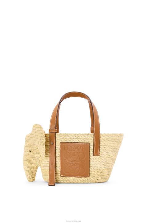 Loewe Small Elephant Basket bag in raffia and calfskin 688V79 Women Natural/Tan