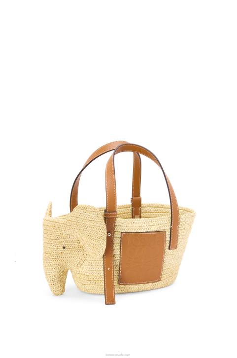 Loewe Small Elephant Basket bag in raffia and calfskin 688V79 Women Natural/Tan