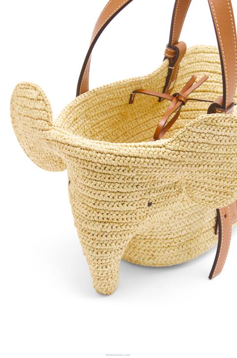Loewe Small Elephant Basket bag in raffia and calfskin 688V79 Women Natural/Tan