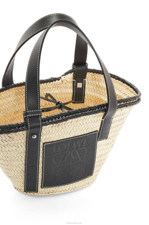 Loewe Small Inlay Basket bag in palm leaf and calfskin 688V28 Women Natural/Black