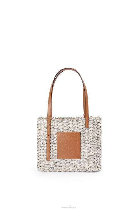 Loewe Small Newspaper Square Basket bag in paper and calfskin 688V101 Women Tan/Multicolor